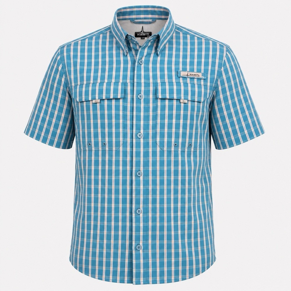 Habitat SHIRT MENS MEDIUM Short Sleeve Fish Finder BLUE Plaid Fishing